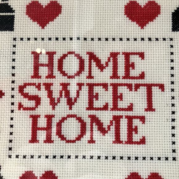 Home Sweet Home Framed Needlepoint, 15”x13” Black Houses Red Hearts, Handmade - Picture 2 of 10